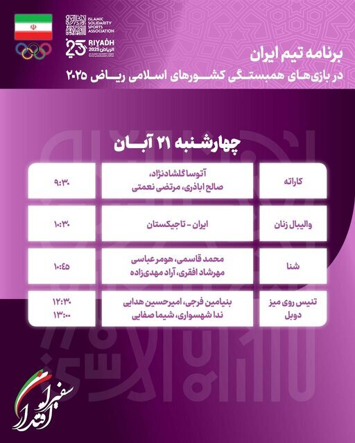 برنامه روز پنجم ورزشکاران ایران در بازیهای کشورهای اسلامی برنامه روز پنجم ورزشکاران ایران در بازیهای کشورهای اسلامی